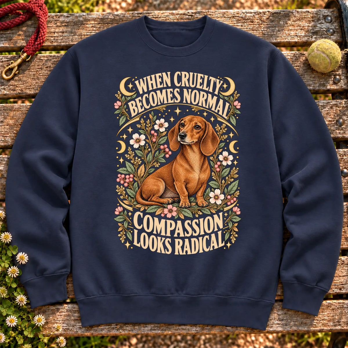 Compassion Looks Radical Dachshund design on a Navy Gildan sweatshirt