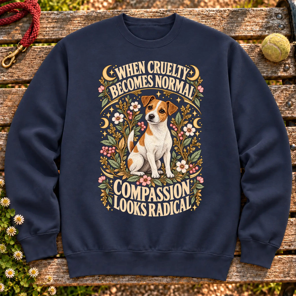 Compassion Looks Radical Jack Russell design on a Navy Gildan sweatshirt