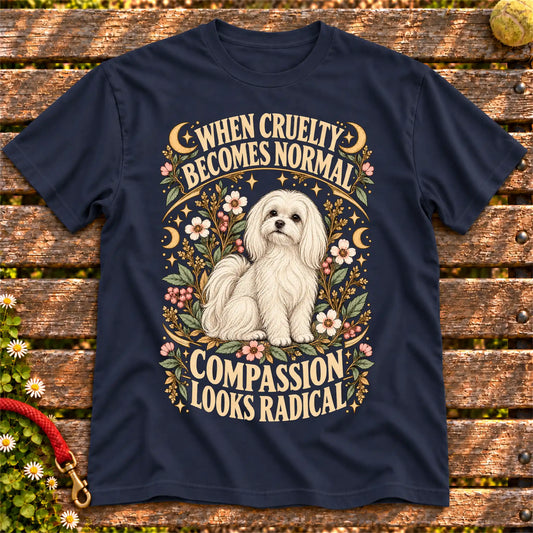 Compassion Looks Radical Maltese design on a Navy Gildan T-shirt