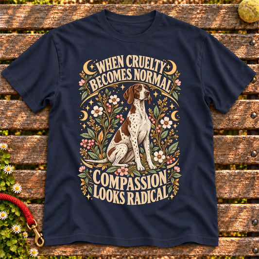 Compassion Looks Radical Pointer design on a Navy Gildan T-shirt