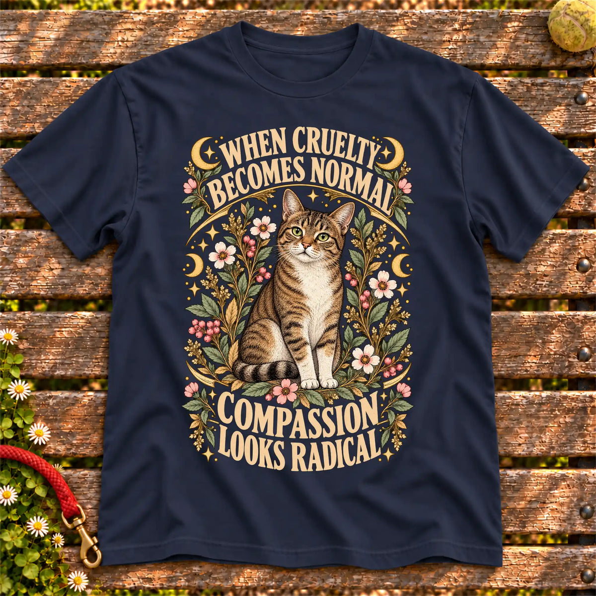 Compassion Looks Radical Rescue Cat design on a Navy Gildan T-shirt
