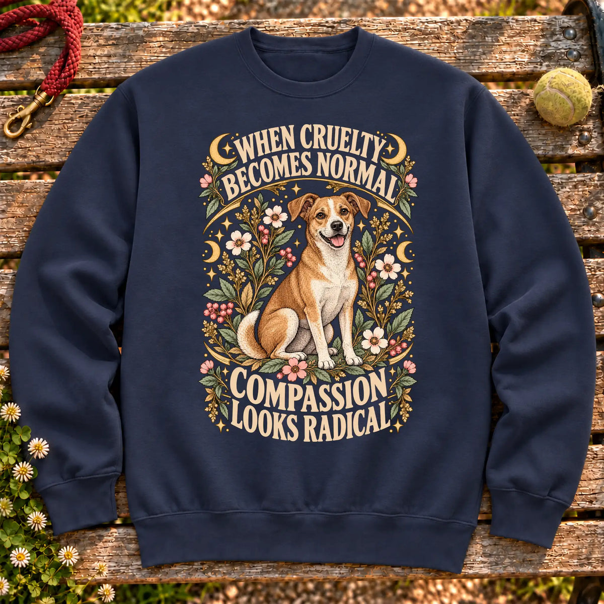 Compassion Looks Radical Rescue Dog design on a Navy Gildan sweatshirt