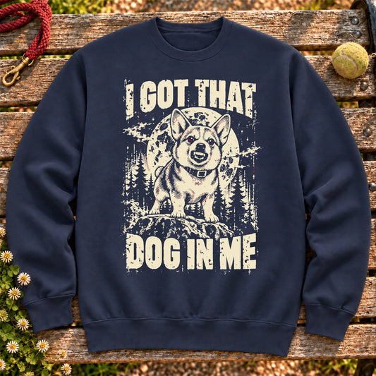 Navy Corgi I Got That Dog in Me sweatshirt, full garment view