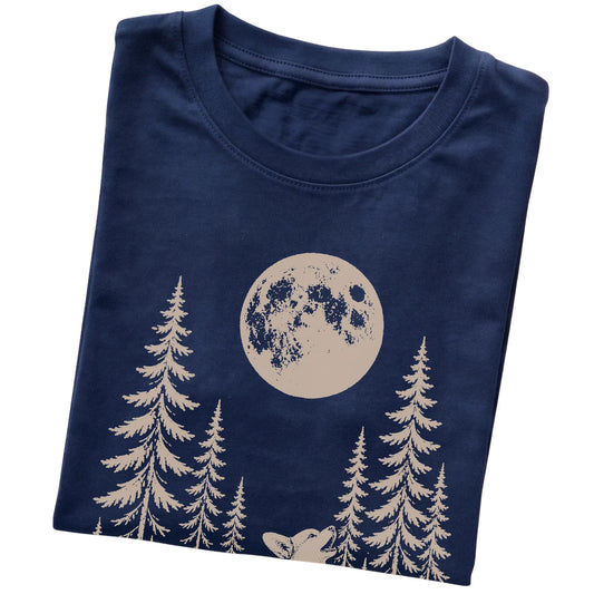 Close view of Corgi Howling at the Moon artwork on Navy softstyle T-shirt