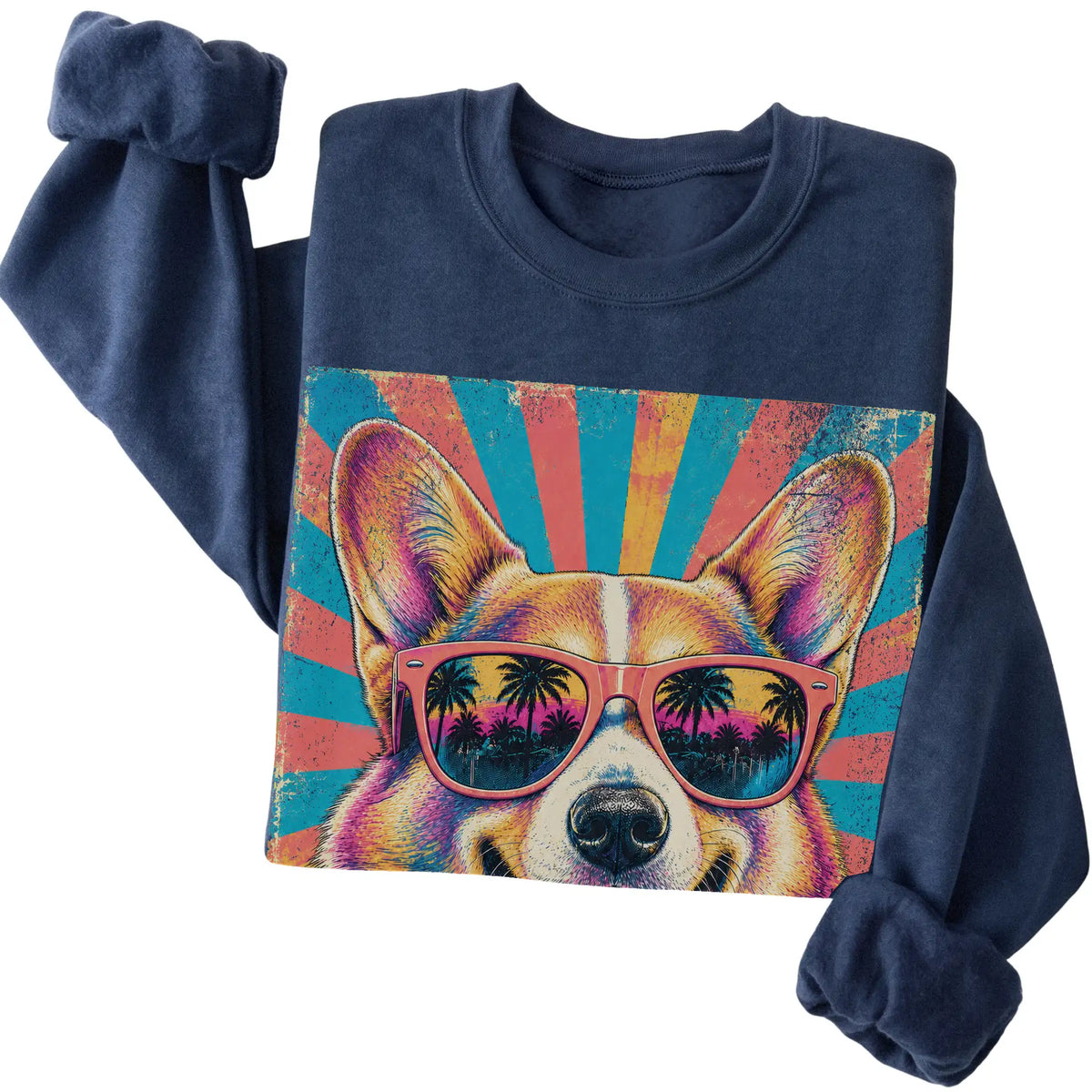 Folded Navy crewneck sweatshirt with a Retro Corgi Mama design