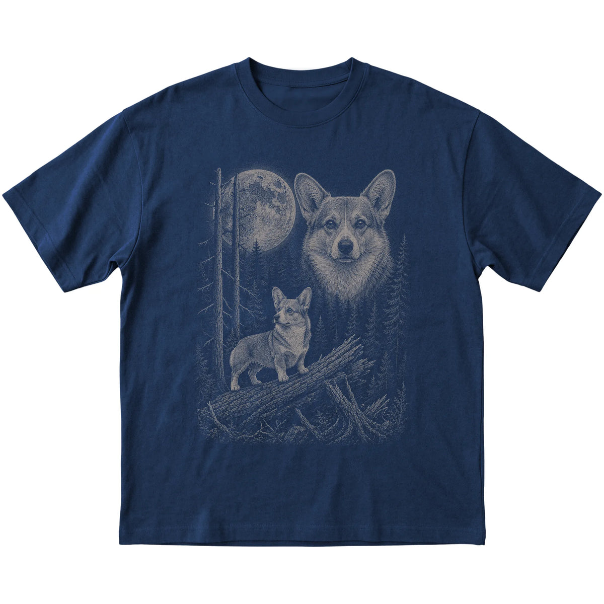 Corgi Moonlit Forest graphic on a navy Softstyle T-shirt laid flat