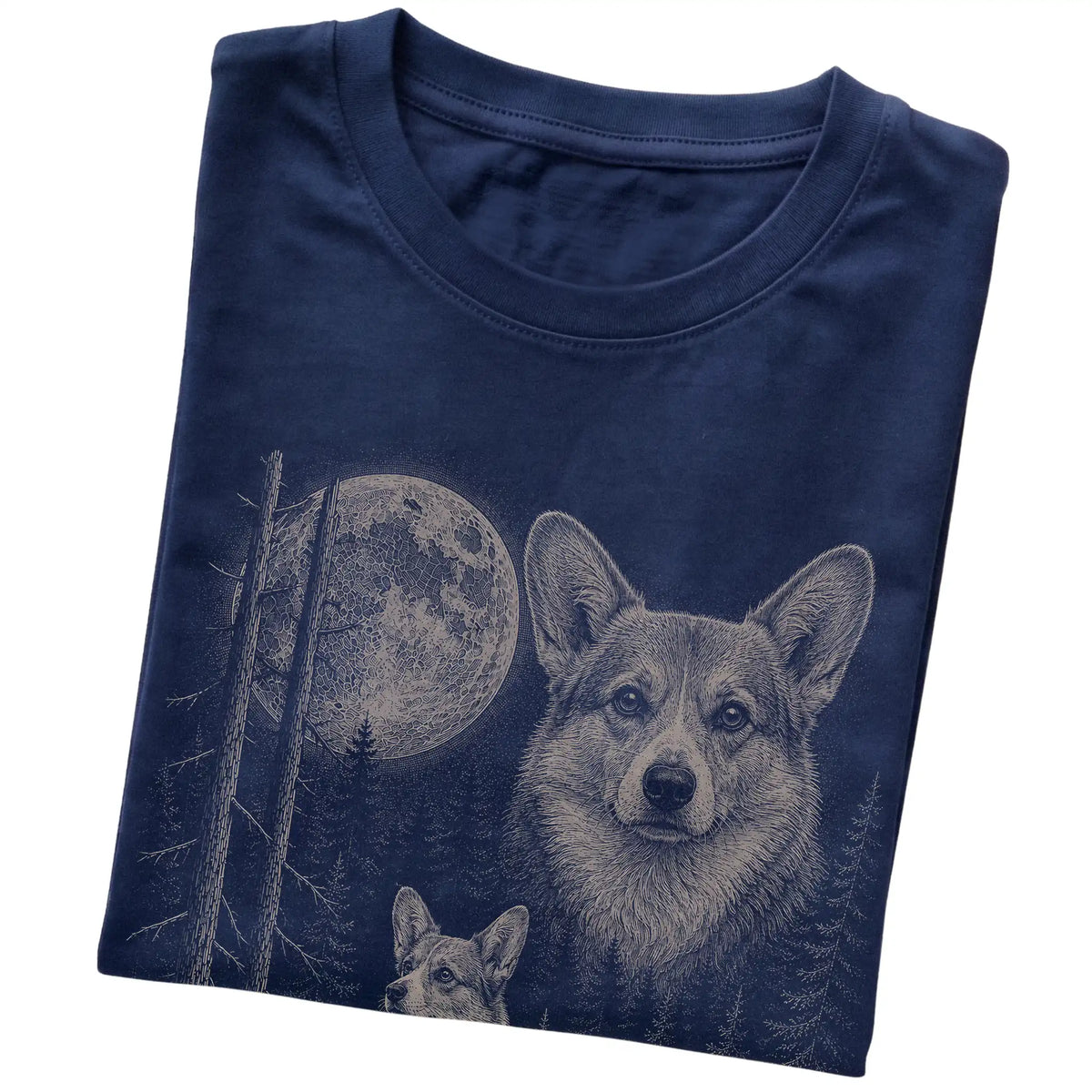 Folded navy Softstyle T-shirt showing the Corgi Moonlit Forest graphic