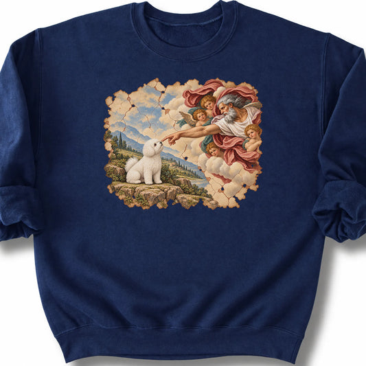 Bichon Frise Creation of Adam design on a navy sweatshirt