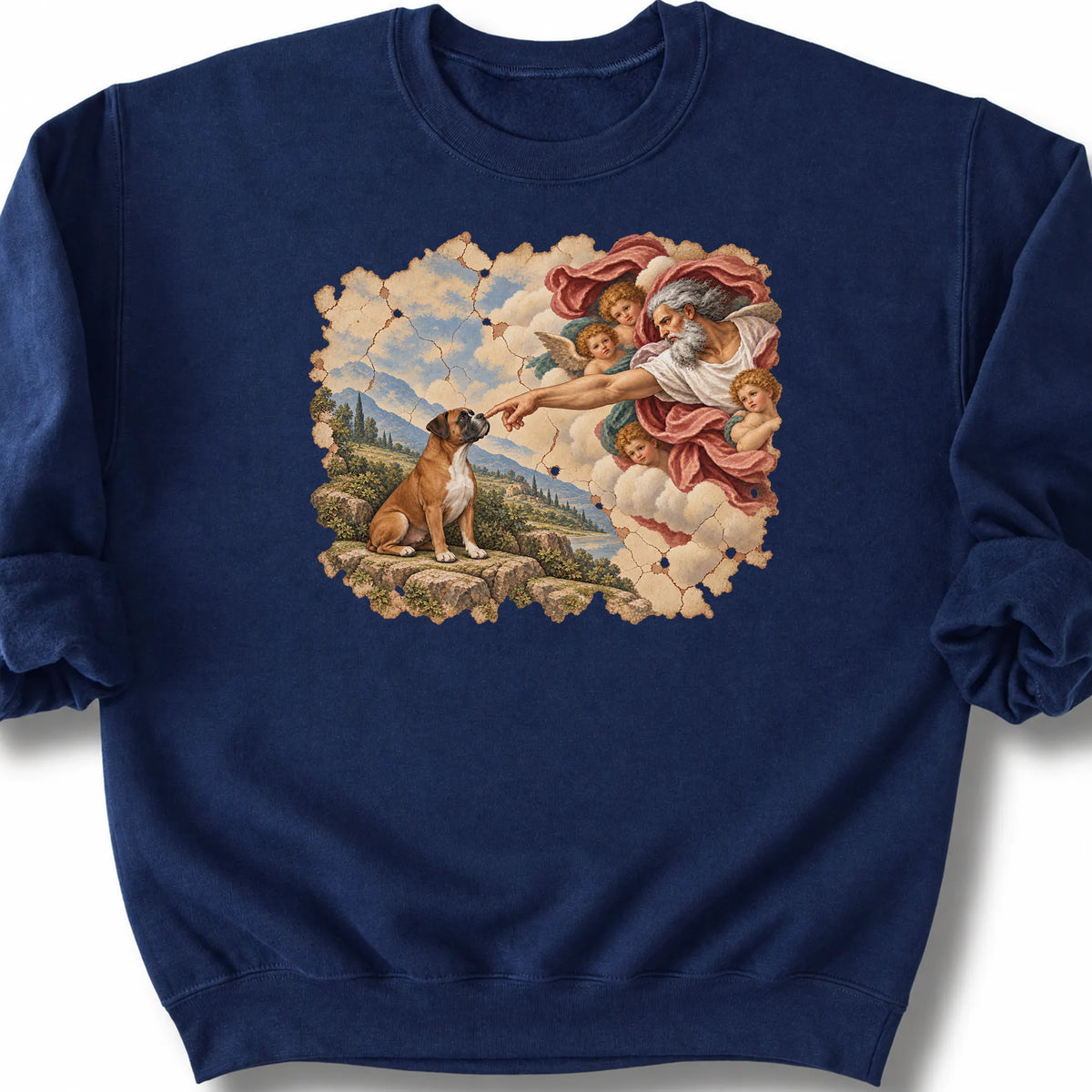 Boxer Creation of Adam design on a navy sweatshirt