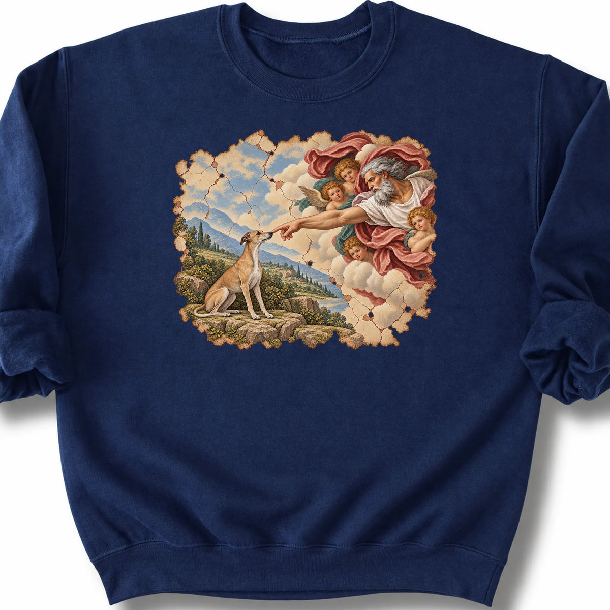 Greyhound Creation of Adam design on a navy sweatshirt