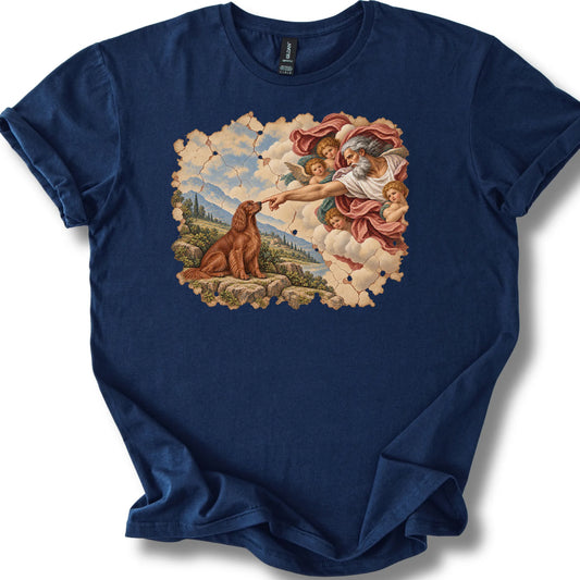 Irish Setter Creation of Adam design on a navy T-shirt