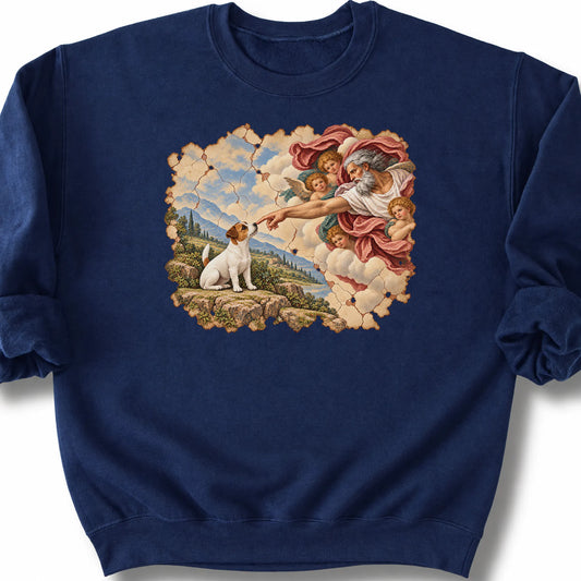 Jack Russell Creation of Adam design on a navy sweatshirt