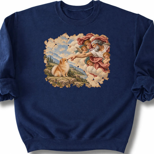 Pomeranian Creation of Adam design on a navy sweatshirt