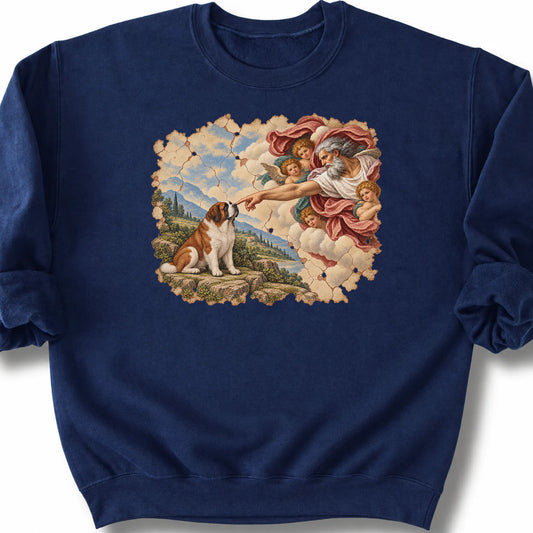 St Bernard Creation of Adam design on a navy sweatshirt