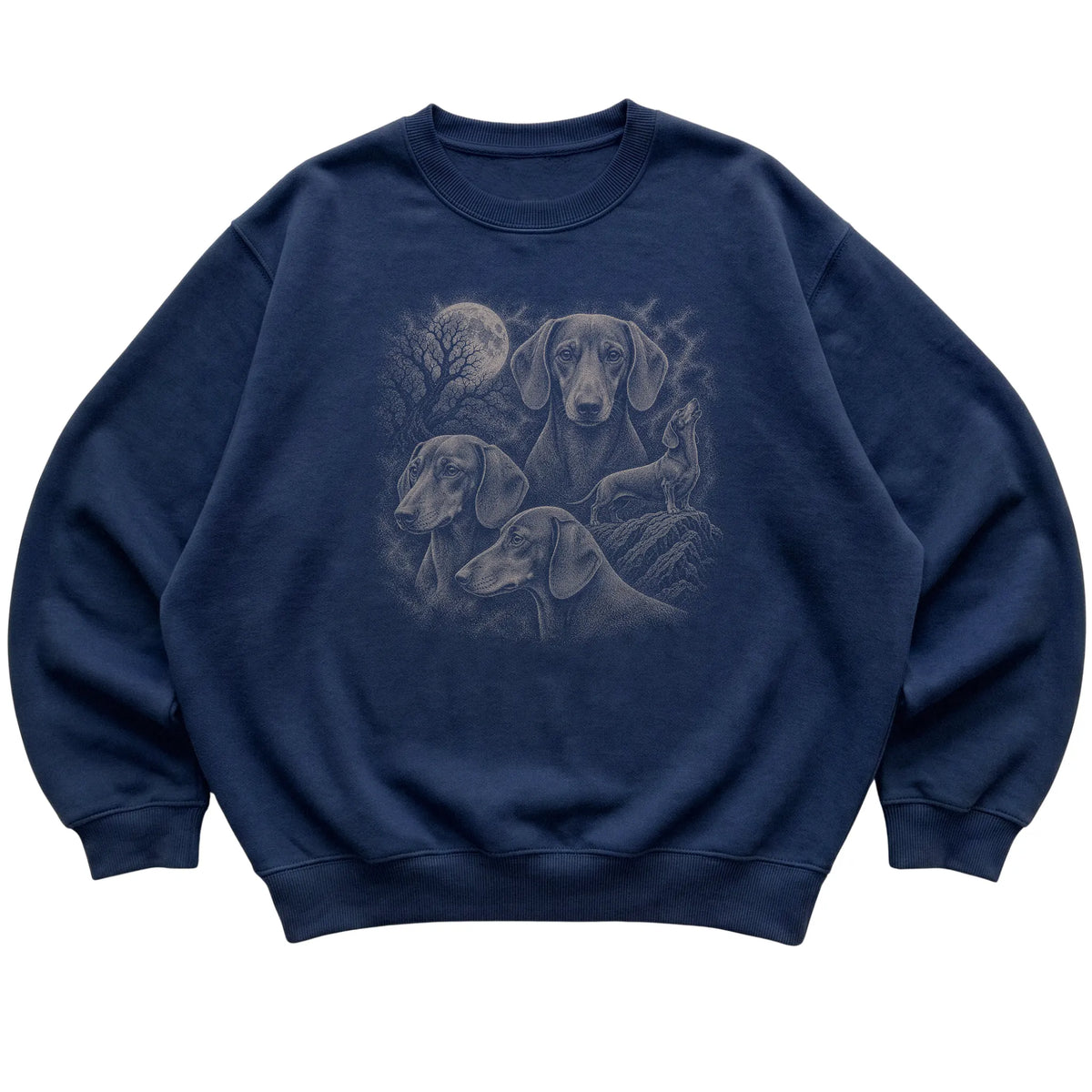 Dachshund 90s Moon Sweatshirt in Navy — flat lay
