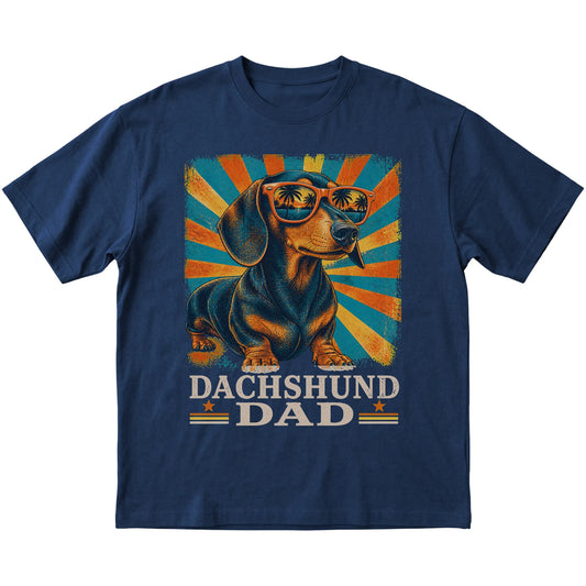 Navy Softstyle T-shirt featuring retro Dachshund Dad artwork — full front