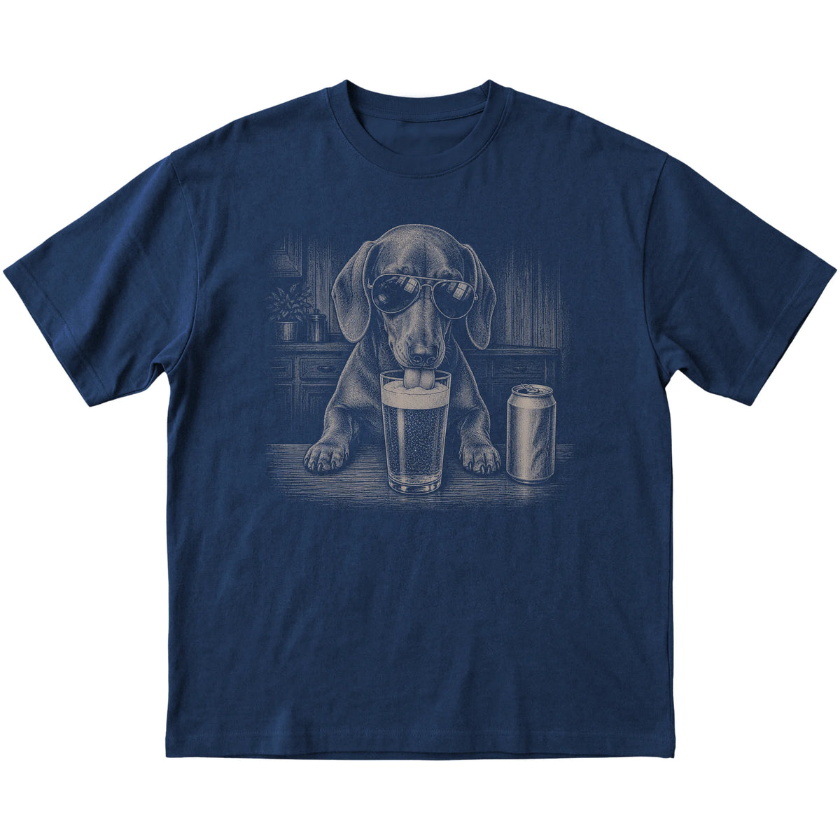 Navy Dachshund drinking from a pint at a bar, laid flat