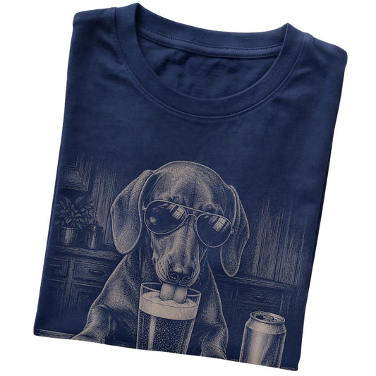 Navy Dachshund drinking from a pint at a bar, folded detail view