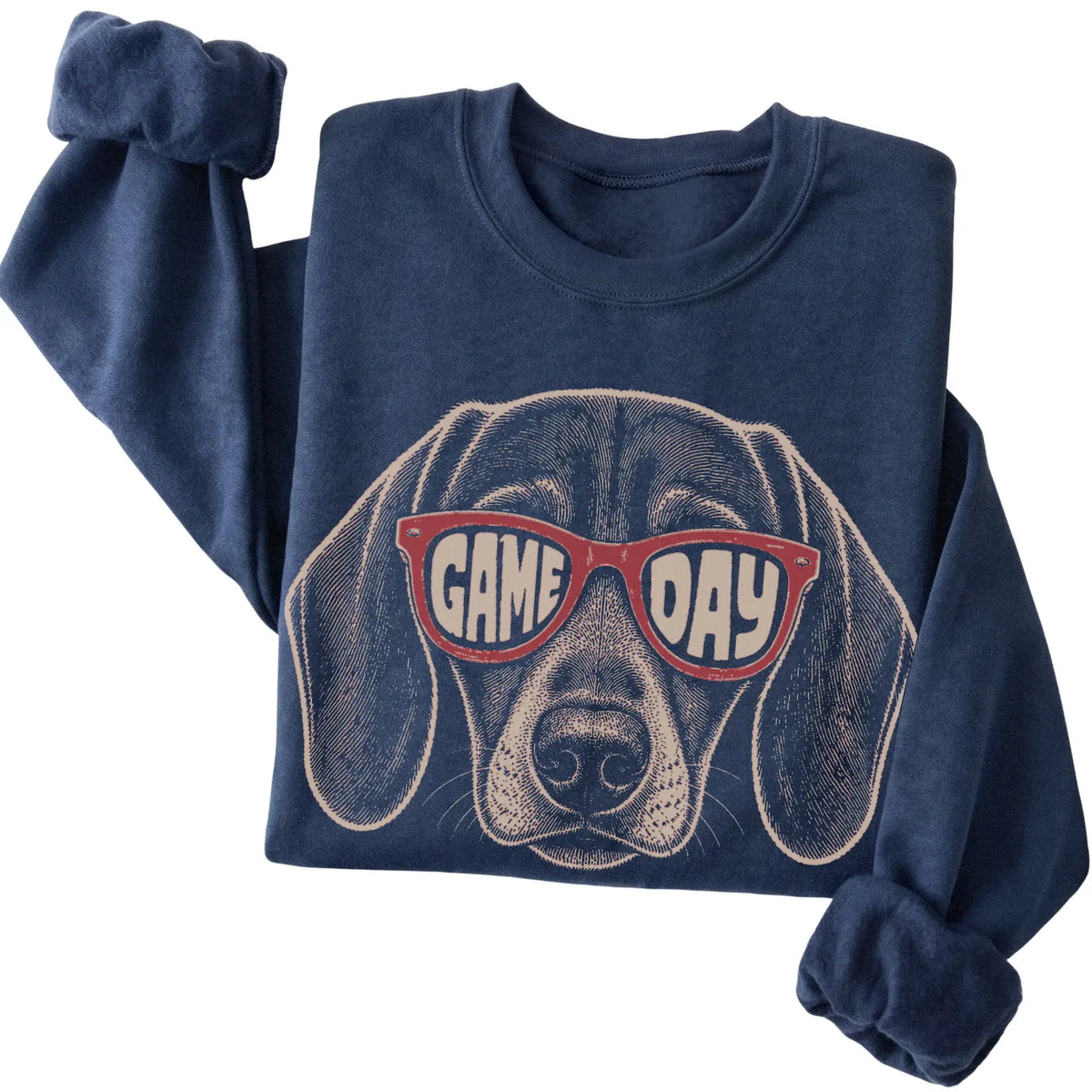 Navy Dachshund Game Day Sunglasses sweatshirt, folded
