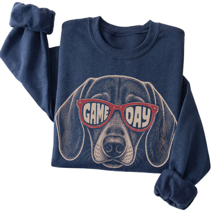 Navy Dachshund Game Day Sunglasses sweatshirt, folded