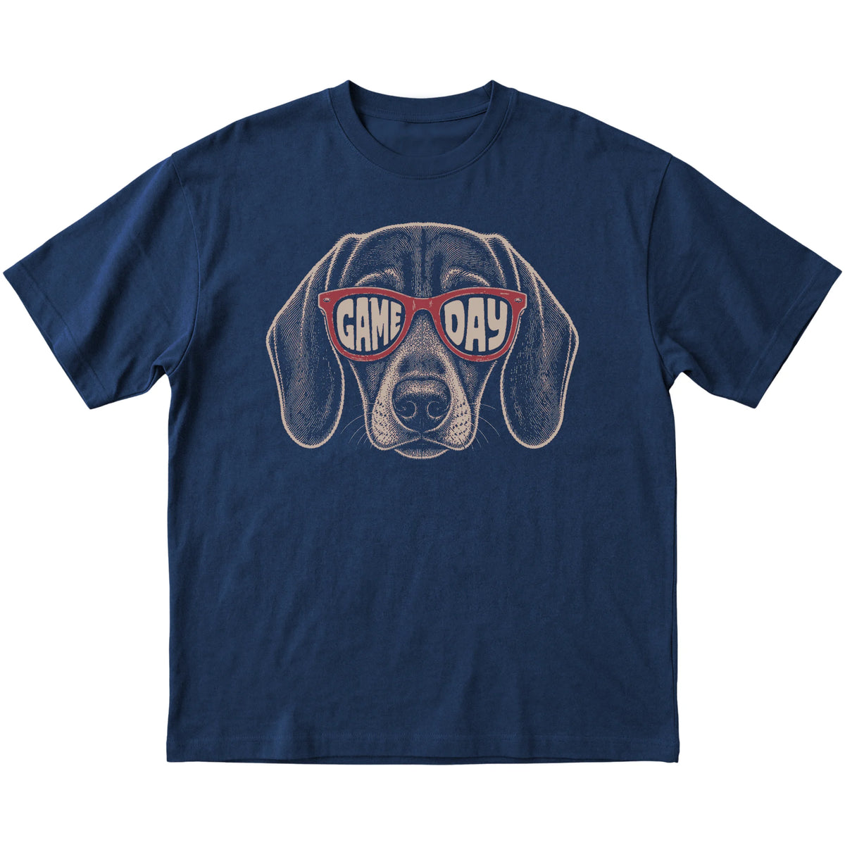 Navy Dachshund Game Day Sunglasses T-shirt, laid flat
