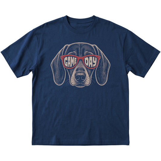 Navy Dachshund Game Day Sunglasses T-shirt, laid flat