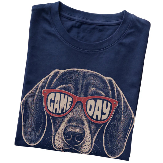 Navy Dachshund Game Day Sunglasses T-shirt, folded