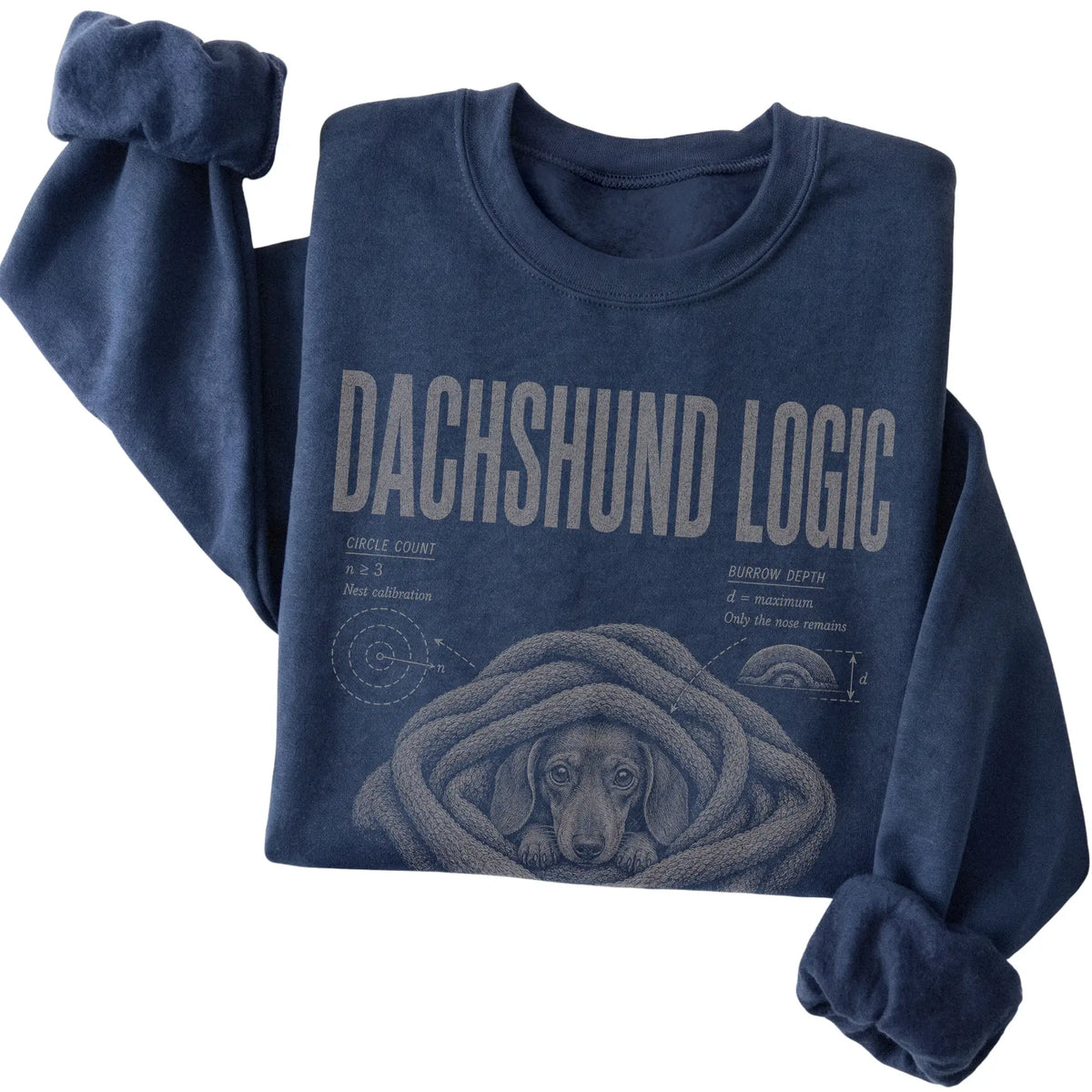 Navy Dachshund Logic sweatshirt folded detail