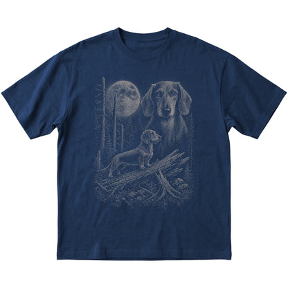 Dachshund Moonlit Forest graphic on a navy Softstyle T-shirt laid flat