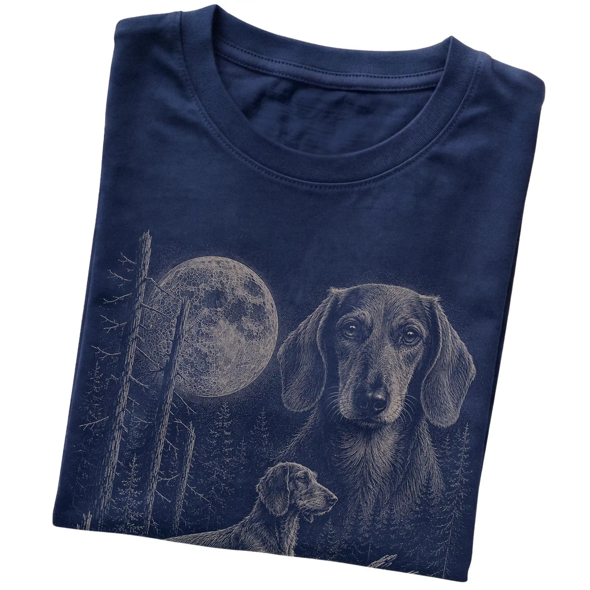 Folded navy Softstyle T-shirt showing the Dachshund Moonlit Forest graphic