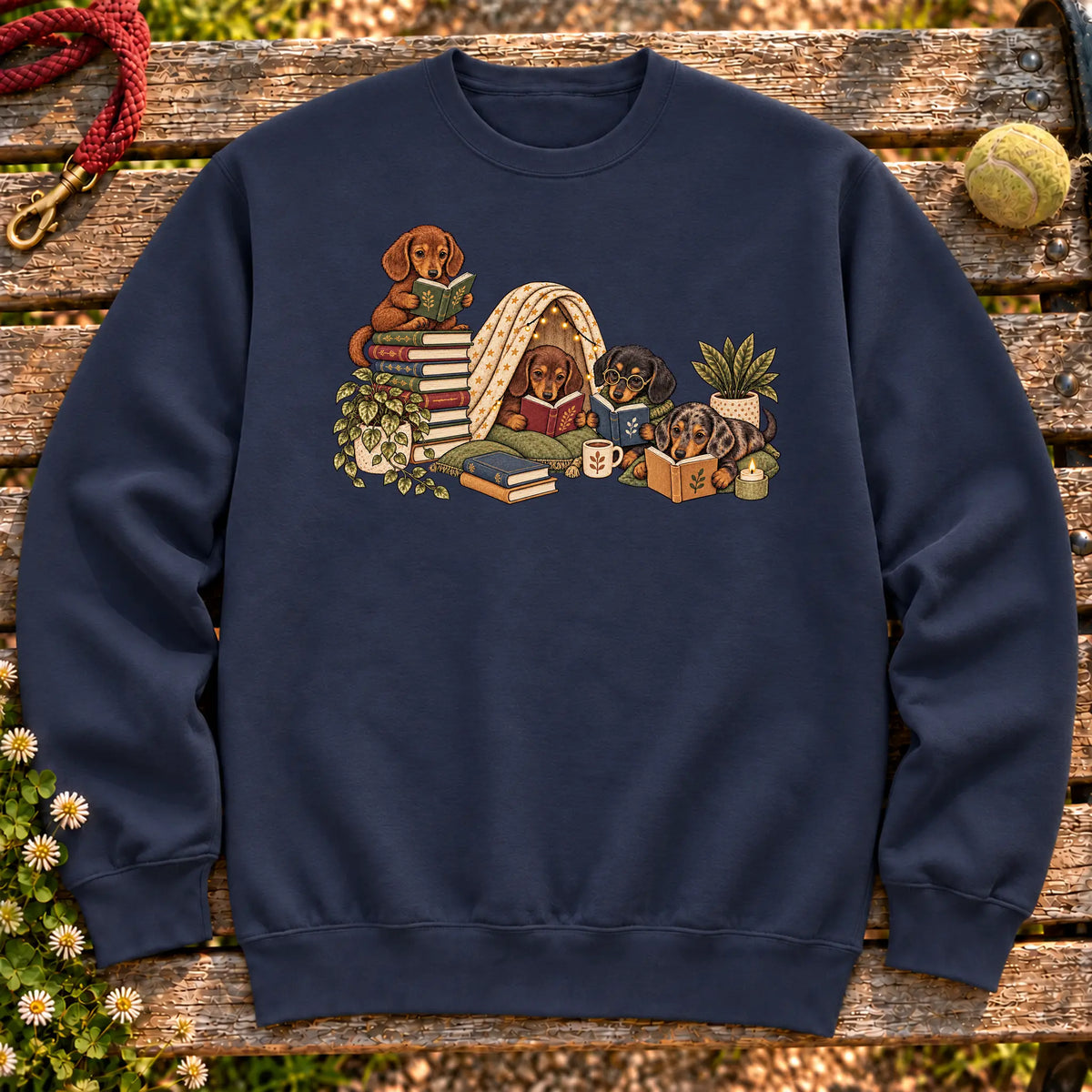 Dachshund puppies reading books in a cozy blanket fort on a Navy sweatshirt