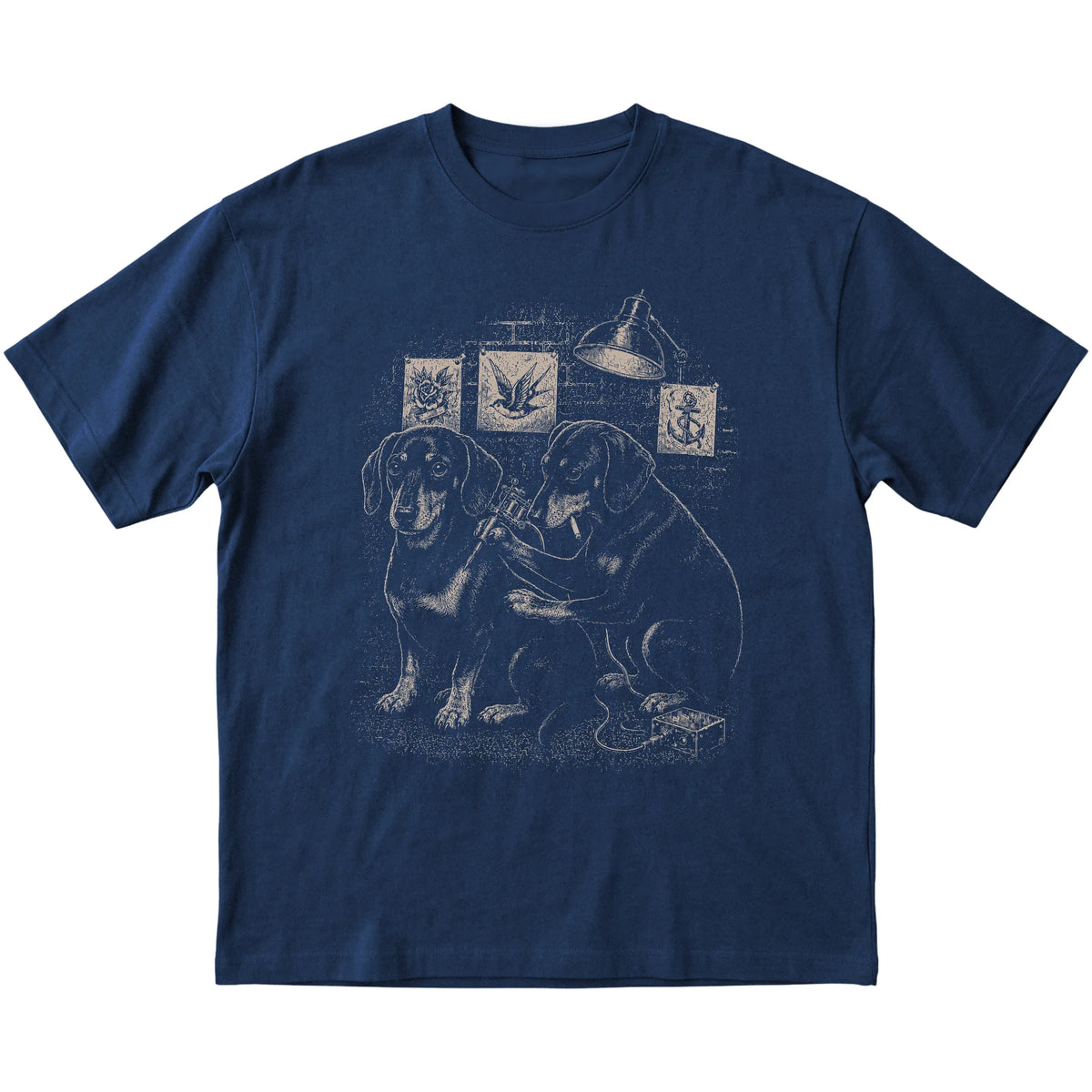 Navy Dachshund Dog Tattoo Artist shirt laid flat