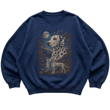 navy sweatshirt with Dalmatian Autumn Moon artwork.