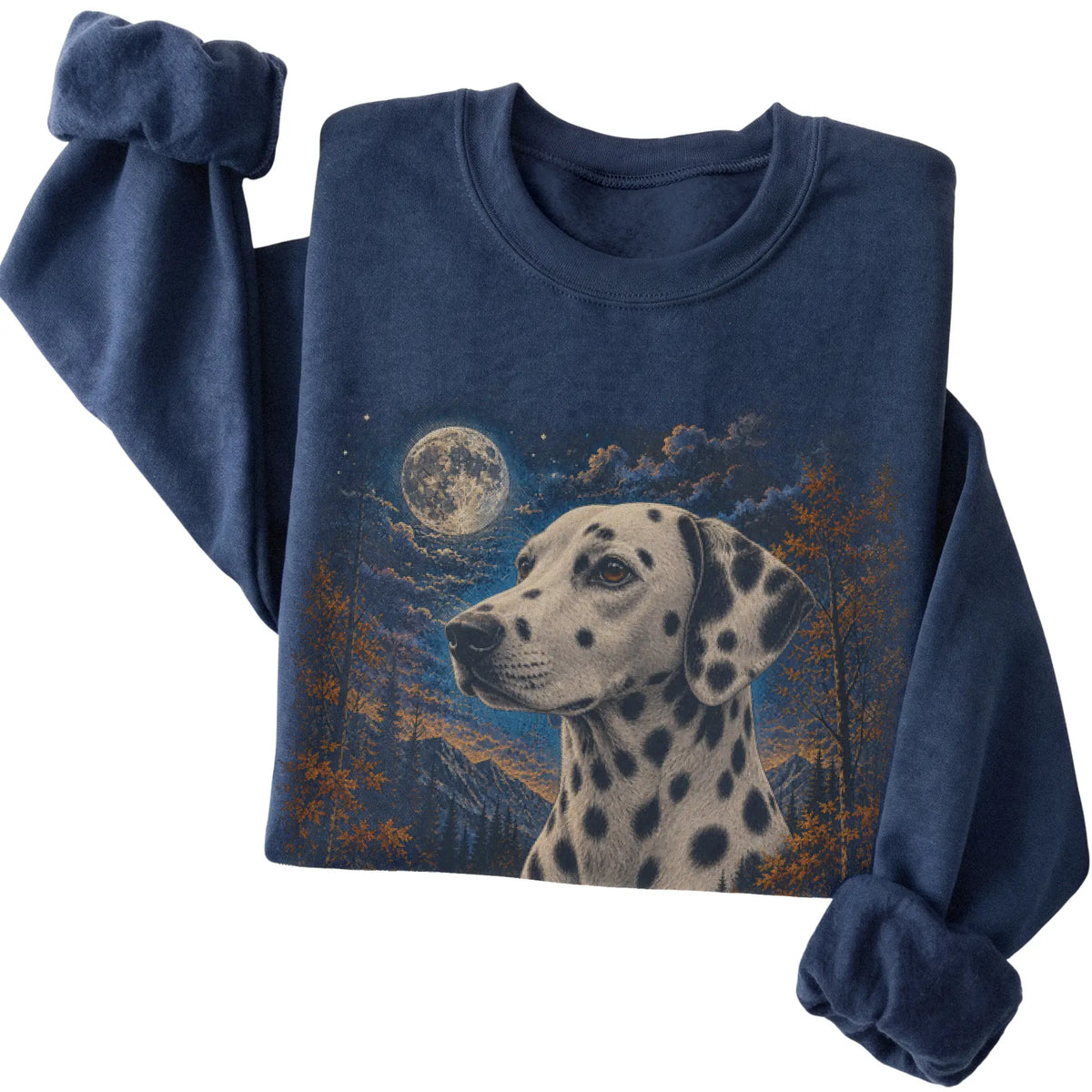 Folded navy sweatshirt with Dalmatian Autumn Moon artwork.