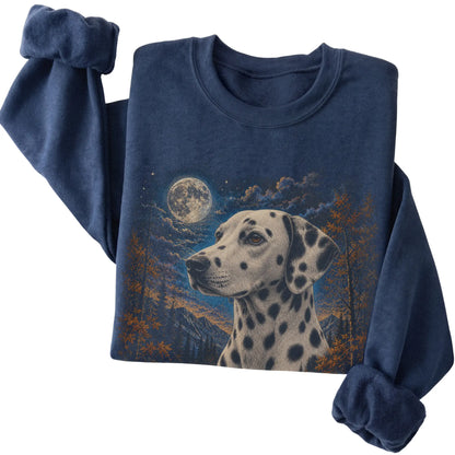 Folded navy sweatshirt with Dalmatian Autumn Moon artwork.