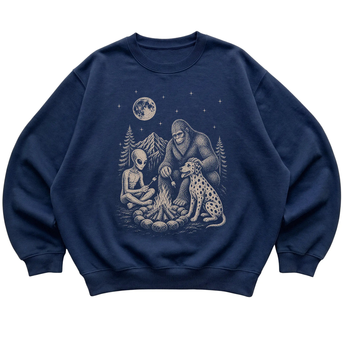 Navy Dalmatian Camping with Bigfoot and Alien shirt laid flat