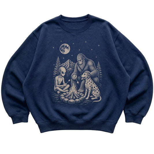 Navy Dalmatian Camping with Bigfoot and Alien shirt laid flat