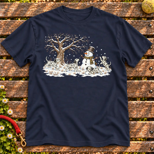 Dalmatian puppies playing in snow with a snowman on a Navy T-shirt