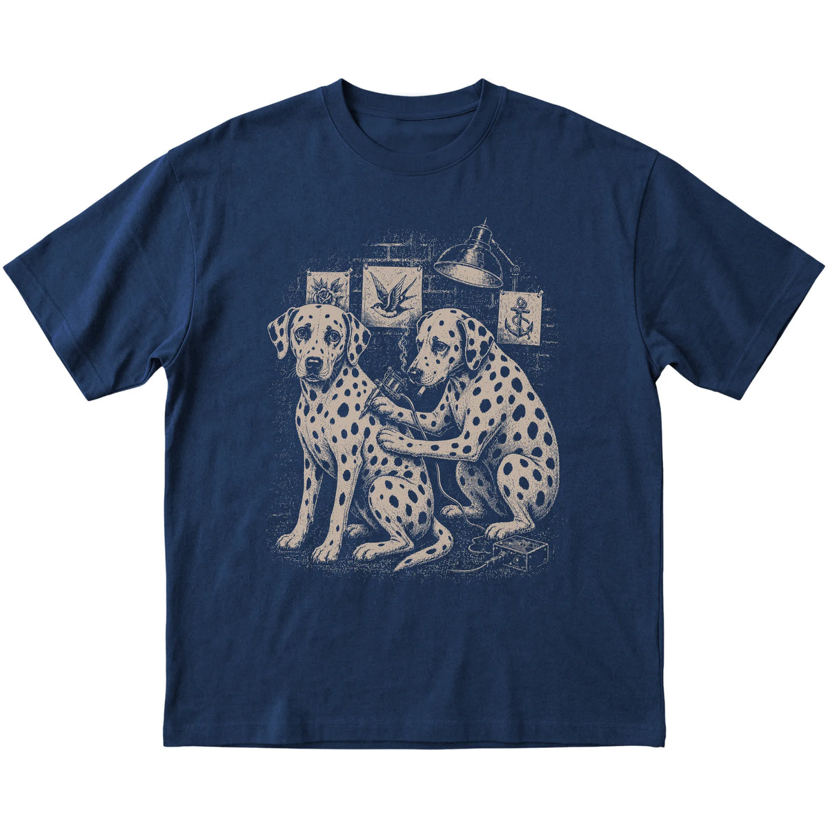 Navy Dalmatian Dog Tattoo Artist shirt laid flat
