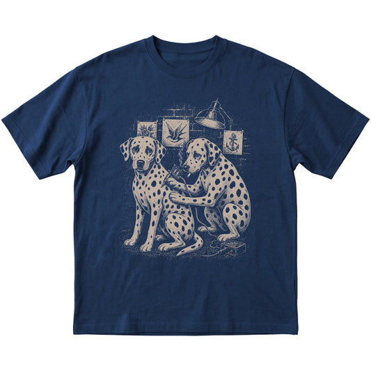 Navy Dalmatian Dog Tattoo Artist shirt laid flat