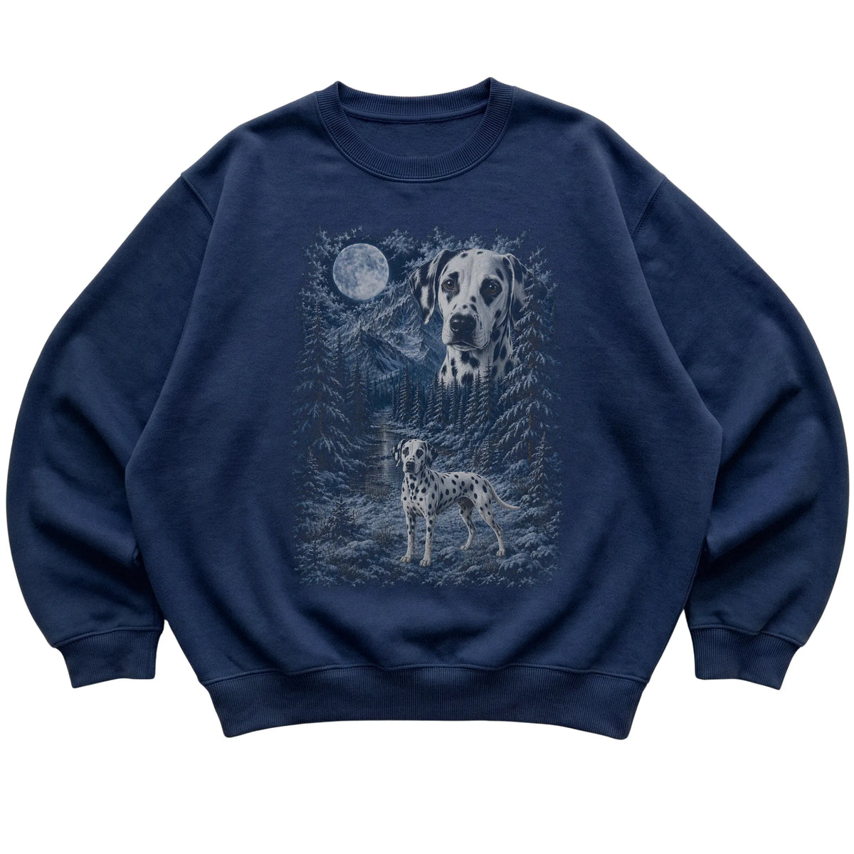 navy sweatshirt with Dalmatian Winter Moon artwork.