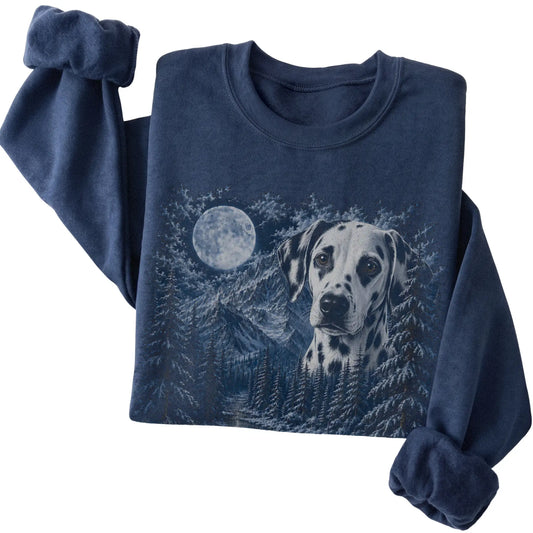 Folded navy sweatshirt with Dalmatian Winter Moon artwork.