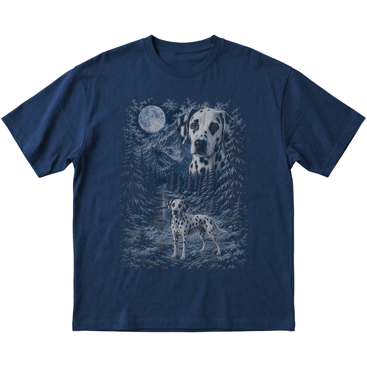 navy T-shirt with Dalmatian Winter Moon artwork.