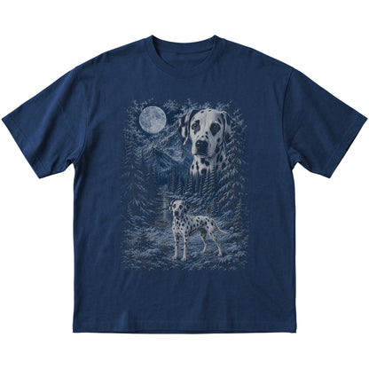 navy T-shirt with Dalmatian Winter Moon artwork.