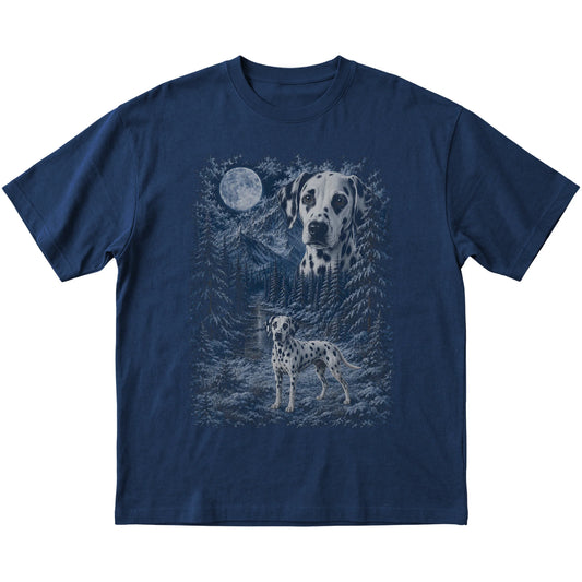navy T-shirt with Dalmatian Winter Moon artwork.