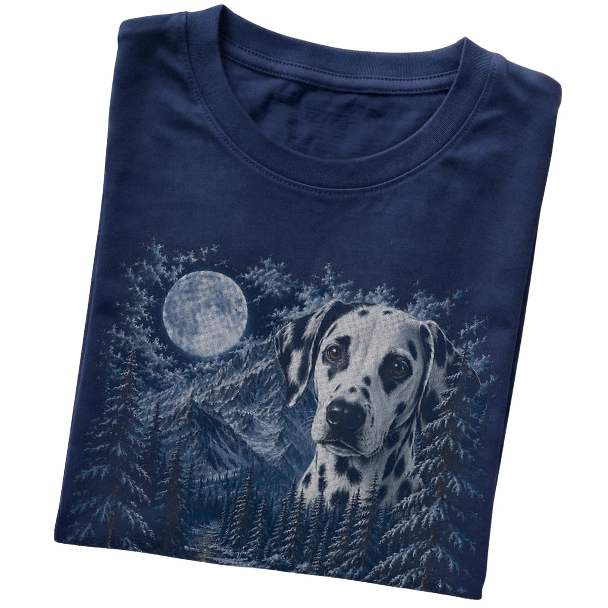 Folded navy T-shirt with Dalmatian Winter Moon artwork.