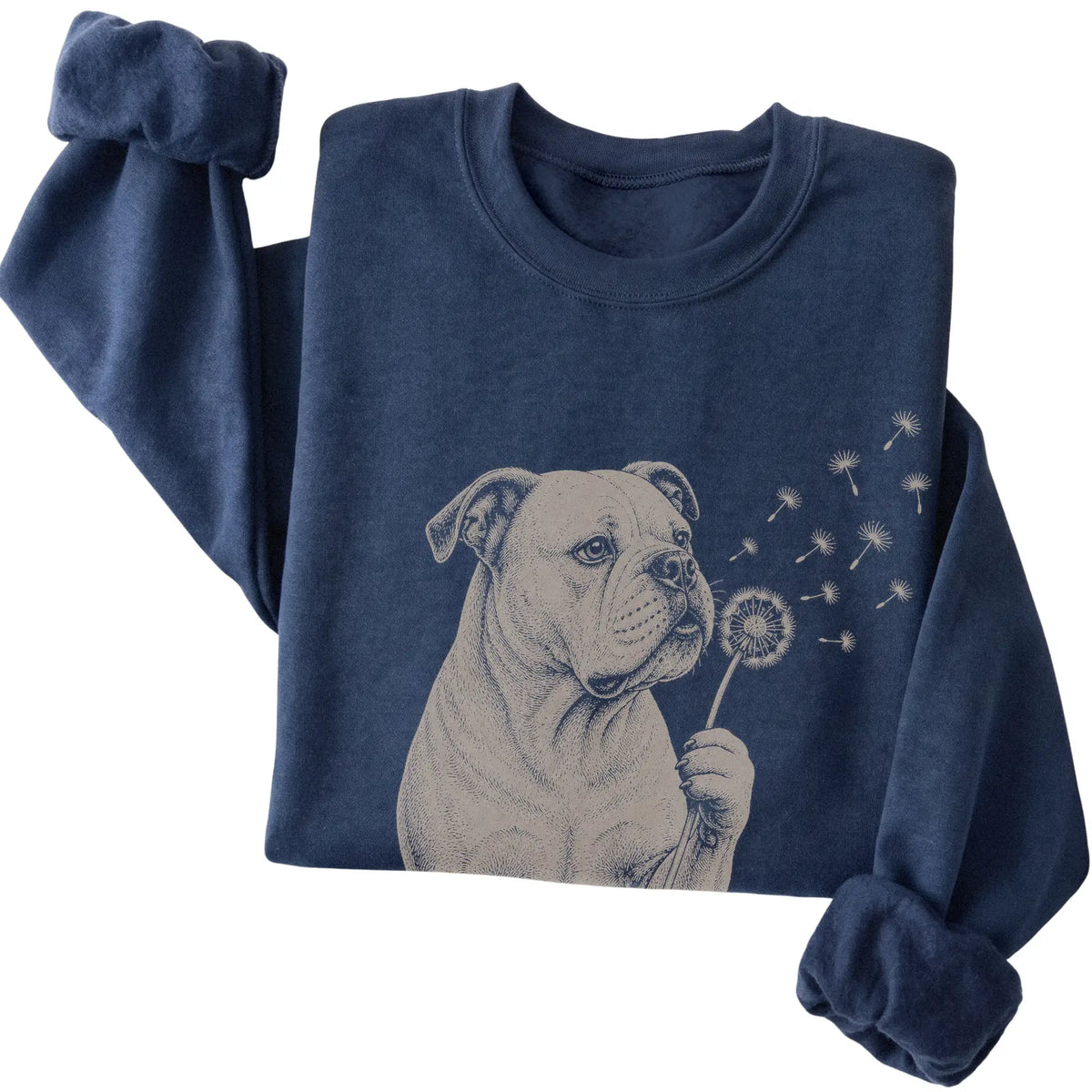 Navy crewneck sweatshirt featuring Dandelion American Bulldog, folded presentation