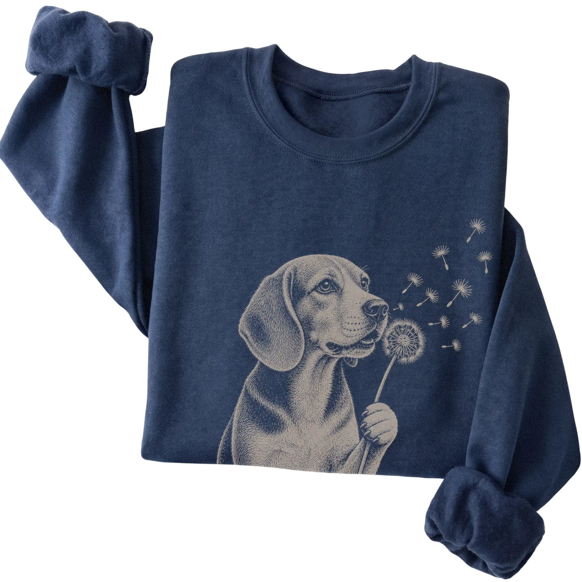 Navy crewneck sweatshirt featuring Dandelion Beagle, folded presentation