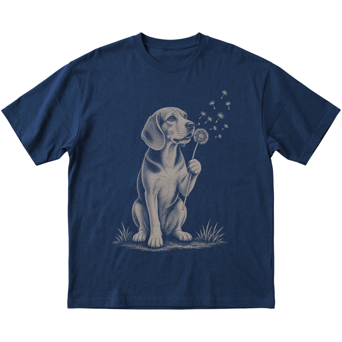 Navy T-shirt featuring Dandelion Beagle, laid-flat presentation