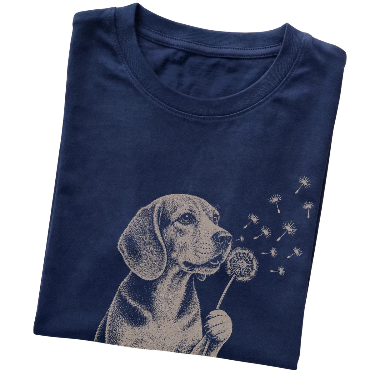 Navy T-shirt featuring Dandelion Beagle, folded presentation